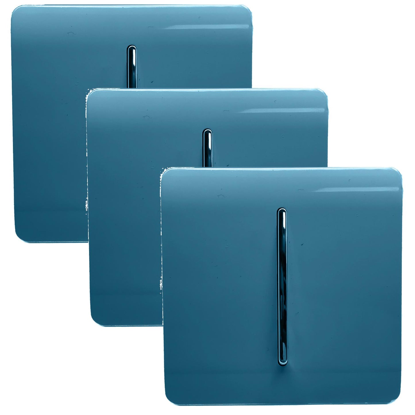 Trendi 1 Gang 2 Way 240V Screwless Artistic Modern Glossy 10 Amp Chrome Rocker Electrical Wall Light Switch in Ocean Blue (3 pack)