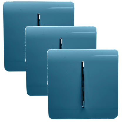 Trendi 1 Gang 2 Way 240V Screwless Artistic Modern Glossy 10 Amp Chrome Rocker Electrical Wall Light Switch in Ocean Blue (3 pack)