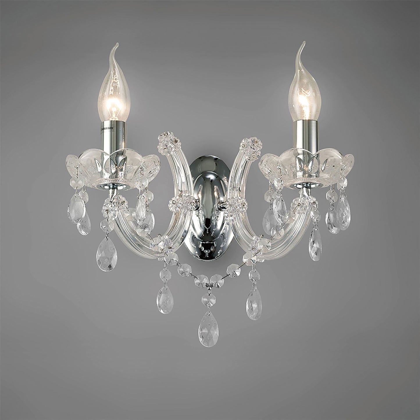 Deco Gabrielle Wall Light 2 Light E14 with Glass Sconce & Glass Droplets/Polished Chrome