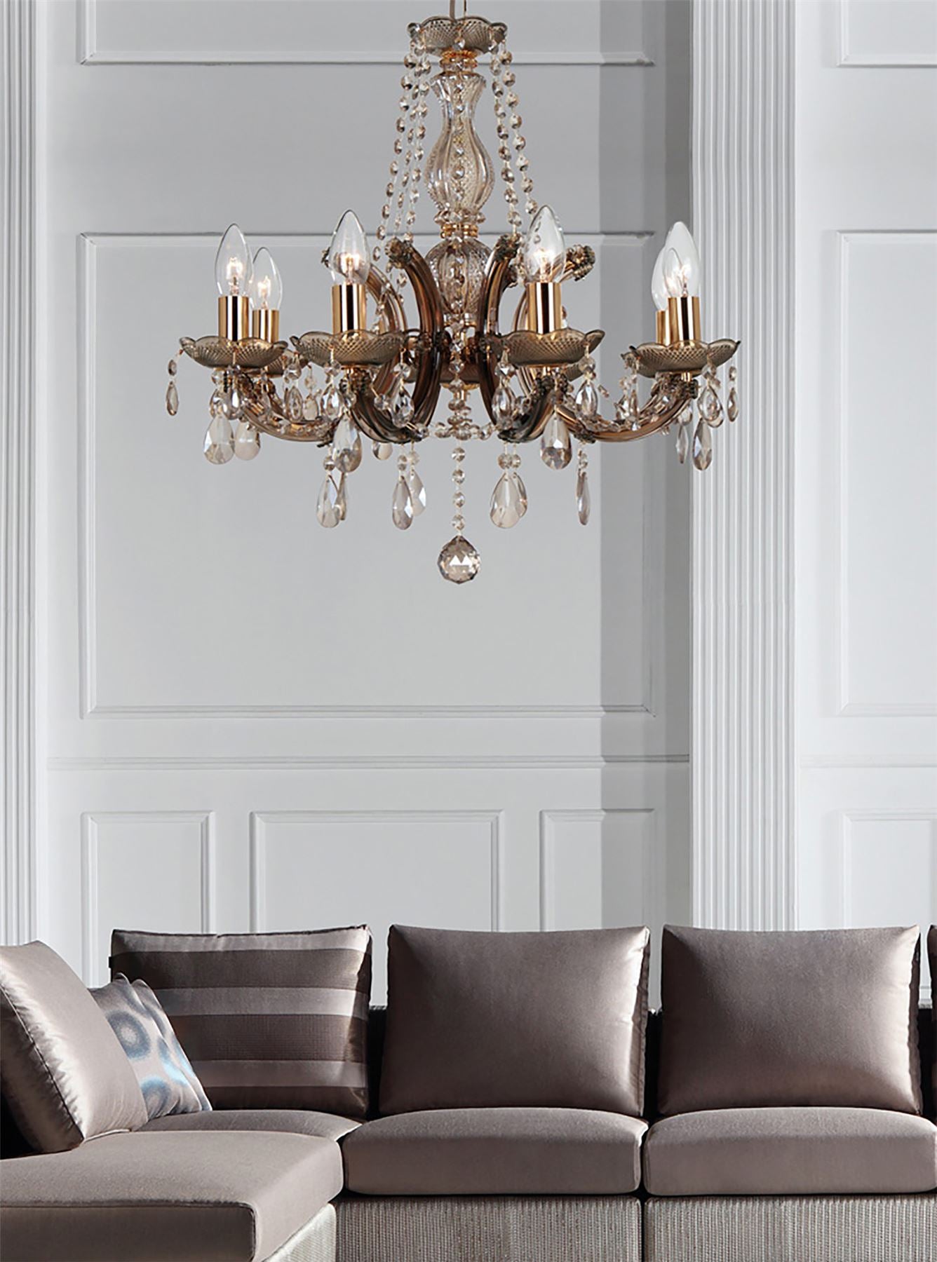 Deco Gabrielle Chandelier with Acrylic Sconce & Glass Droplets 8 Light E14 Mink Finish