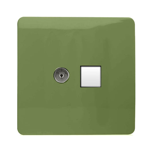 Trendi Switch 2 Gang TV Co-Axial & RJ45 Cat 6 Modern Designer PC Ethernet Sockets in Moss Green
