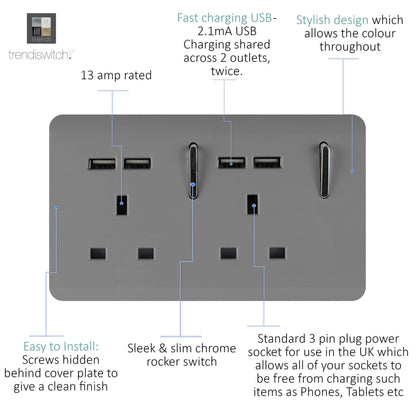 Trendi 2 Gang Artistic Modern Glossy 13 Amp 4x2.1mA USB Switched Tactile Plug Socket Light Grey