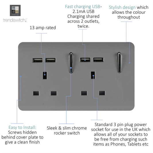 Trendi 2 Gang Artistic Modern Glossy 13 Amp 4x2.1mA USB Switched Tactile Plug Socket Light Grey