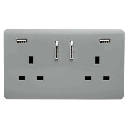 Trendi 2 Gang Artistic Modern Glossy 13 Amp 2 x 3.1mA USB Switched Plug Socket Silver
