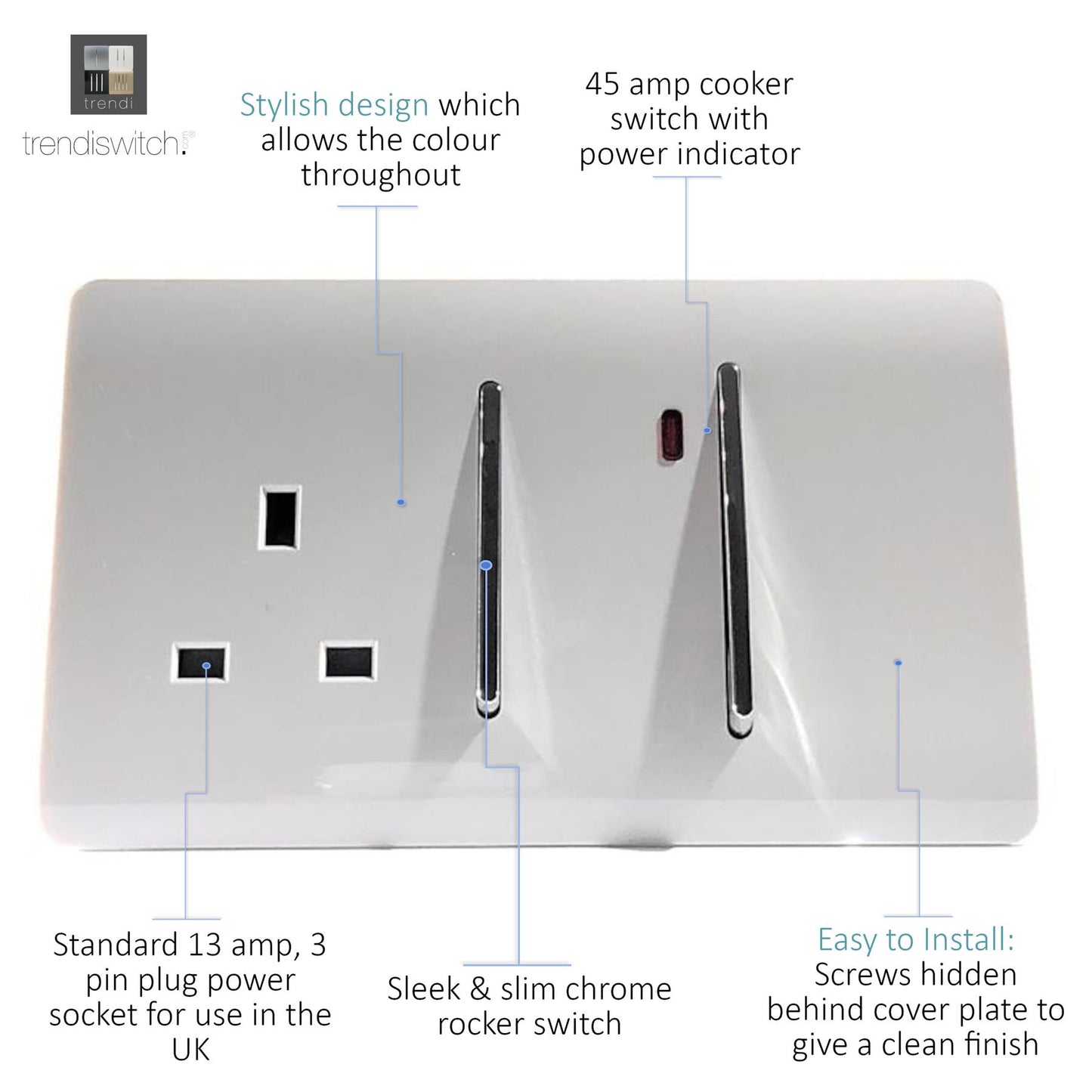 Trendi 45 A Cooker Switch Inc Plug Socket & Neon Insert in Matt White - ART-WHS213MWH
