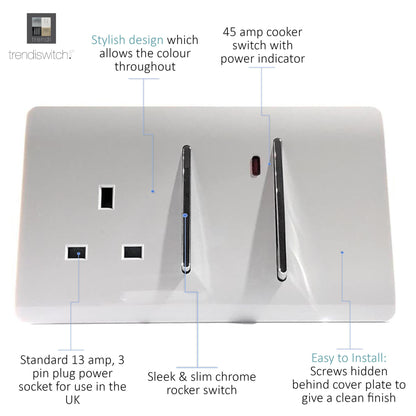 Trendi 45 A Cooker Switch Inc Plug Socket & Neon Insert in Matt White - ART-WHS213MWH