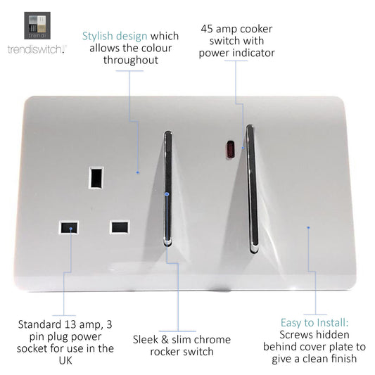 Trendi 45 A Cooker Switch Inc Plug Socket & Neon Insert in Matt White - ART-WHS213MWH