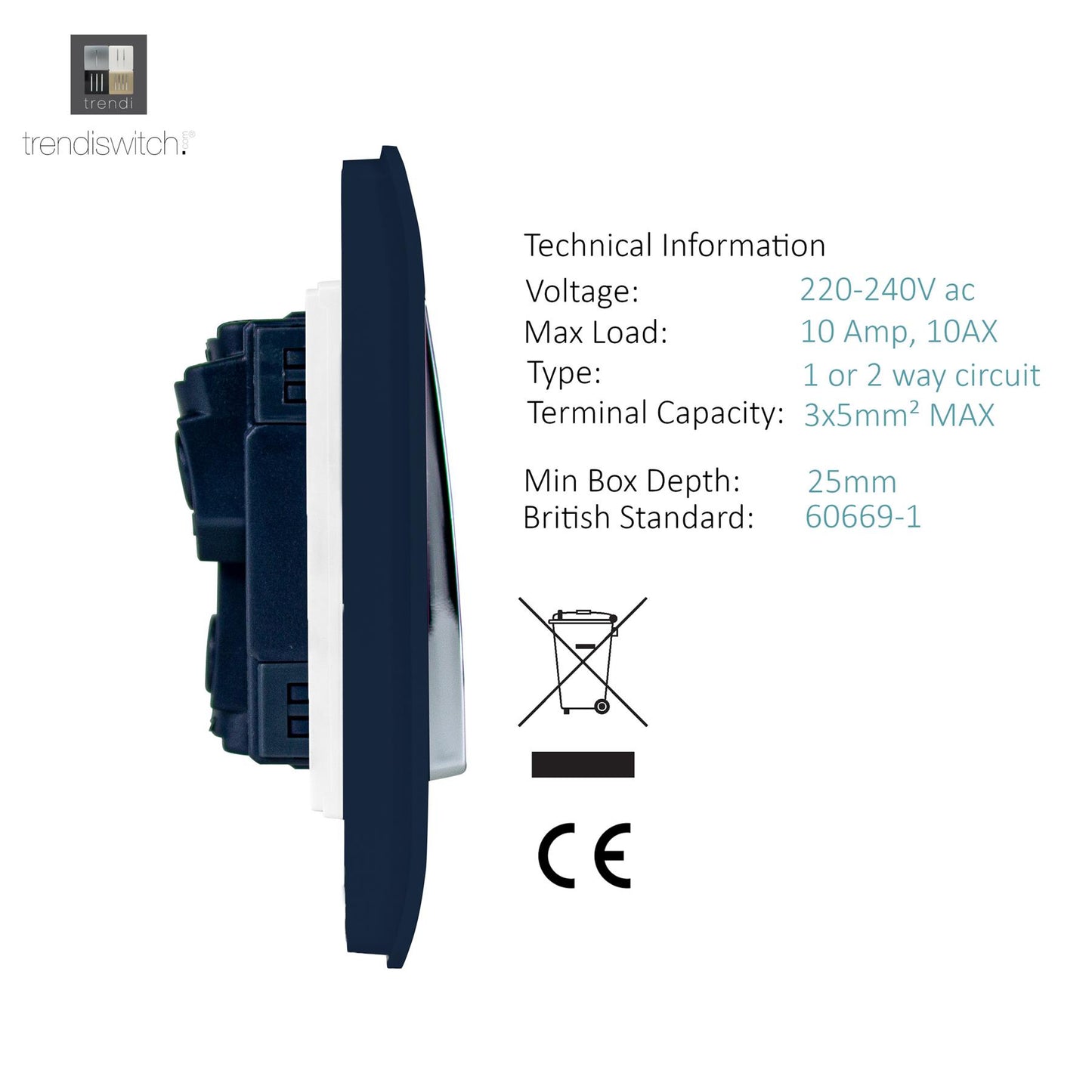Trendi 1 Gang 2 Way 240V Screwless Artistic Modern Glossy 10 Amp Chrome Rocker Electrical Wall Light Switch in Navy Blue (2 pack)