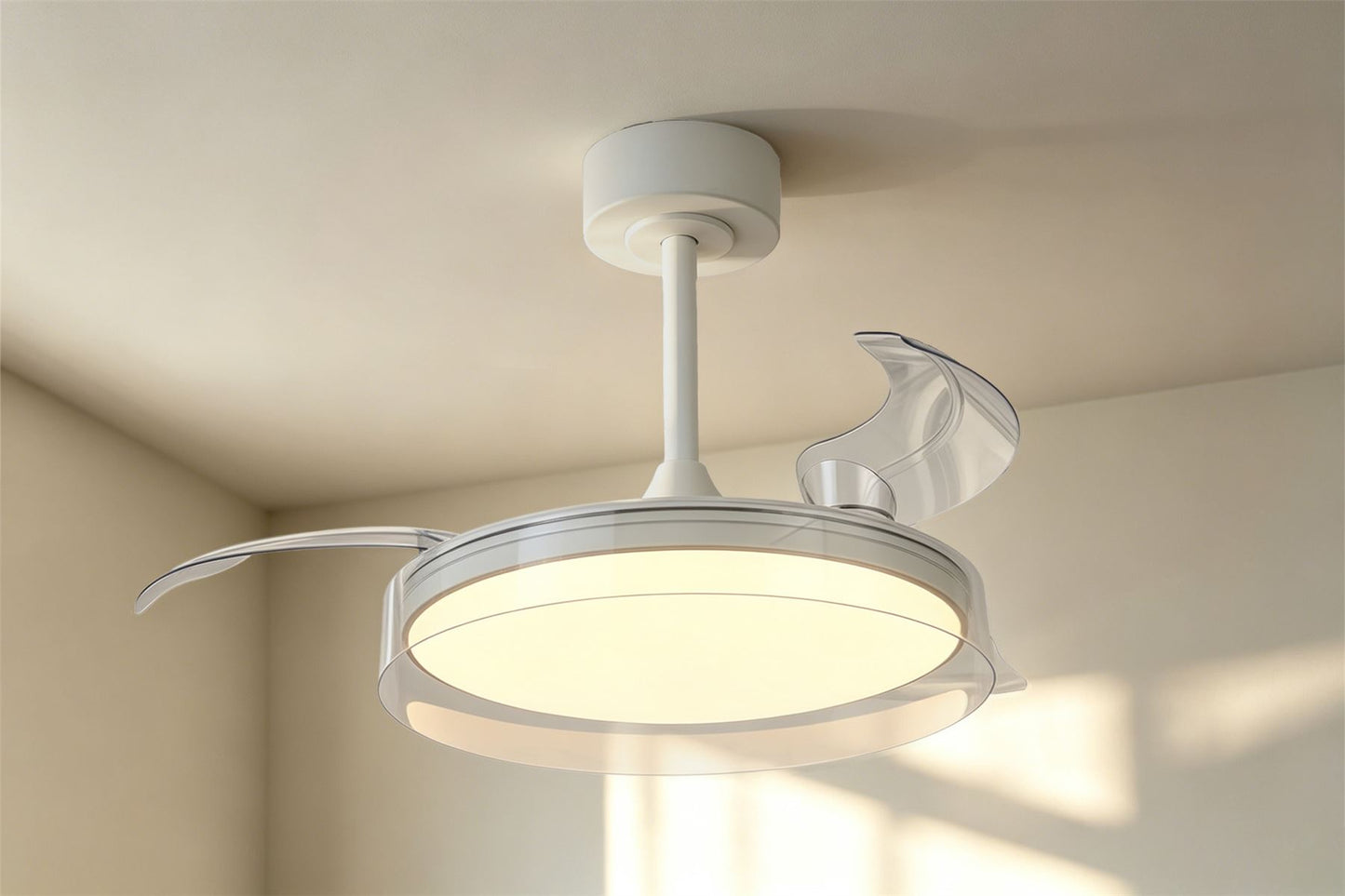 Glass Fan 44cm 36W LED Dimmable Ceiling Light With Built-In 25W DC Fan, 3000-5000K Remote Control, 5710lm, White/Clear, 5yrs Warranty