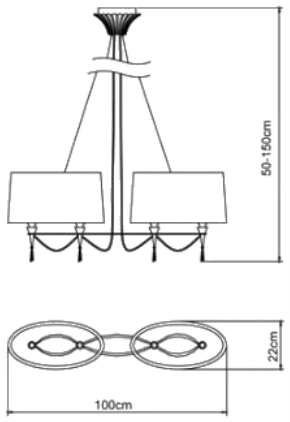 Mantra Lucca Linear Pendant 2 Arm 4 Light E27 Line, Polished Chrome with White Shades & Clear Crystal