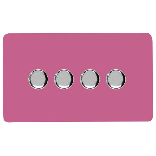 Trendi 4 Gang 2 Way 240V 100w LED Dimmer Screwless Raised Front Plate Plastic Artistic Modern Glossy 10 Amp Chrome Single Electrical Wall Light Switch in Candy Pink - ART-4LDMPK