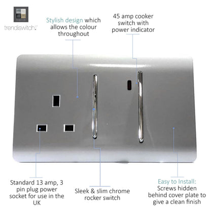 Trendi Artistic Modern 45 A Cooker Switch Inc Plug Socket & Neon Insert Silver