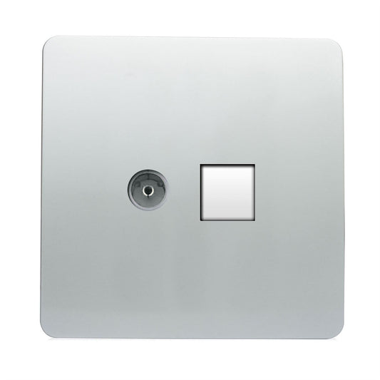 Trendi Switch 2 Gang TV Co-Axial & RJ45 Cat 6 Modern Designer PC Ethernet Socket - Platinum Silver