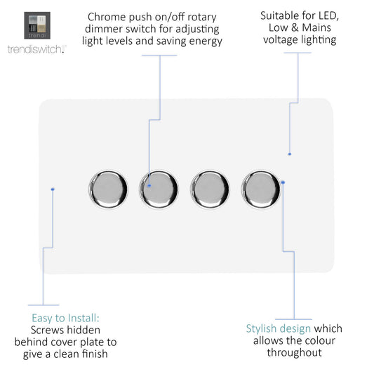 Trendi 4 Gang 2 Way 100w LED Dimmer Screwless 10 Amp Wall Light Switch in Matt White - ART-4LDMMWH