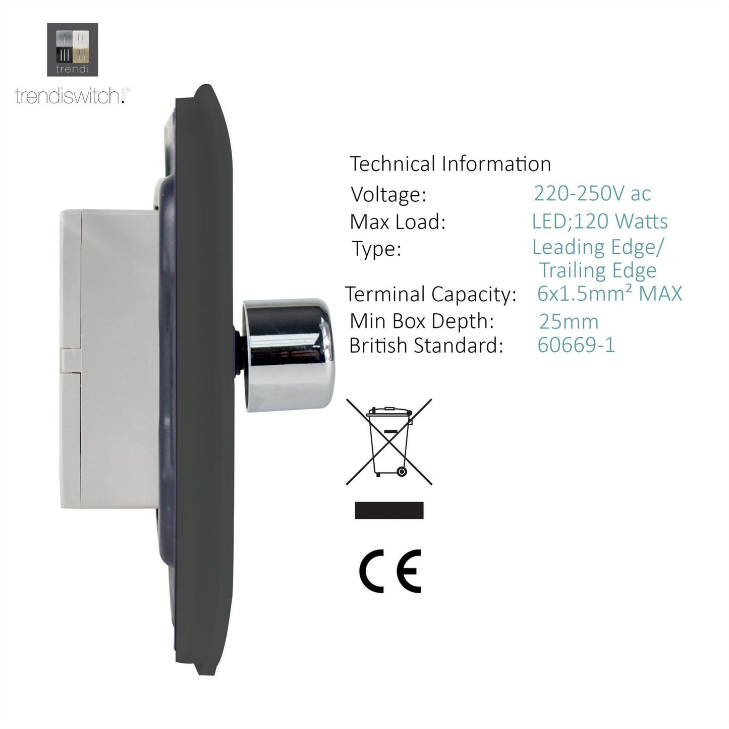 Trendi 1 Gang 2 Way 240V 100w LED Dimmer Screwless Raised Front Plate Plastic Artistic Modern Glossy 10 Amp Chrome Single Electrical Wall Light Switch in Warm Grey - ART-LDMWG
