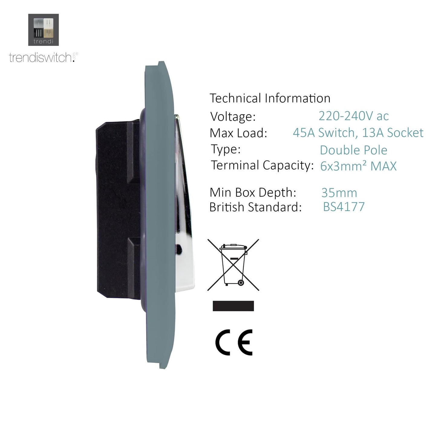 Trendi Artistic Modern Glossy 45 A Cooker Switch & Plug Socket Inc Neon Insert Cool Grey