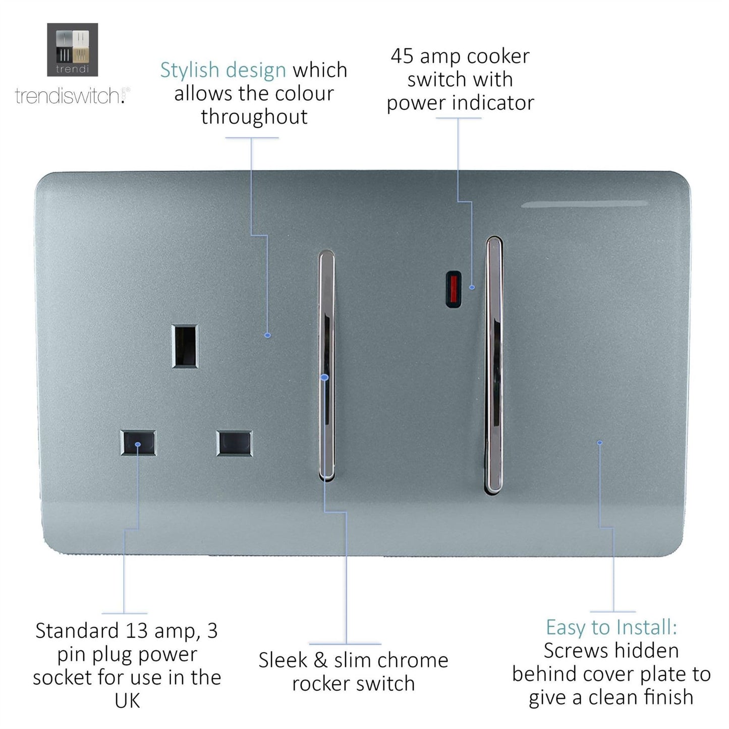 Trendi Artistic Modern Glossy 45 A Cooker Switch & Plug Socket Inc Neon Insert Cool Grey