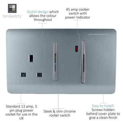 Trendi Artistic Modern Glossy 45 A Cooker Switch & Plug Socket Inc Neon Insert Cool Grey