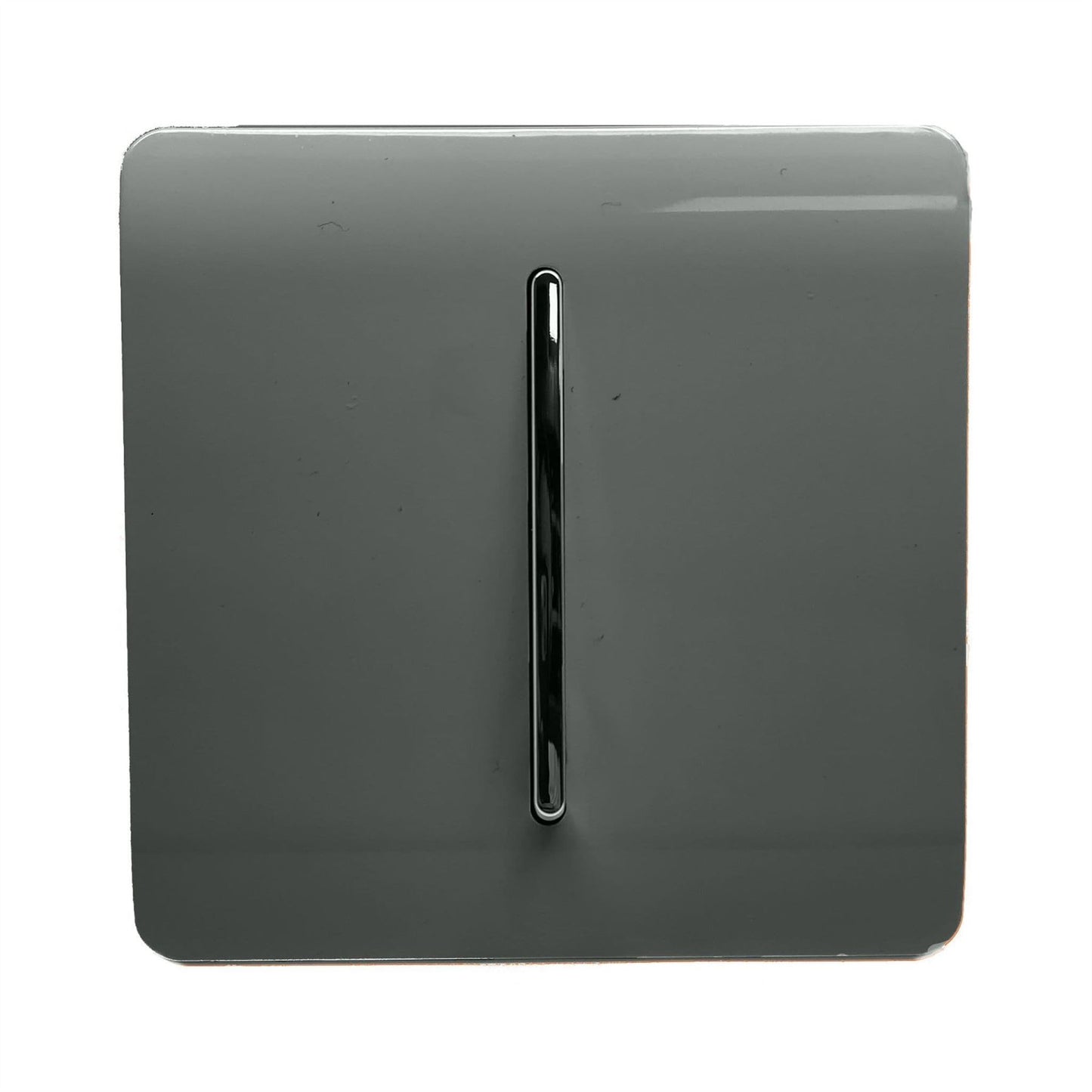 Trendi 1 Gang 2 Way 240V Screwless Raised Front Plate Plastic Artistic Modern Glossy 10 Amp Chrome Rocker Single Electrical Wall Light Switch in Charcoal Grey