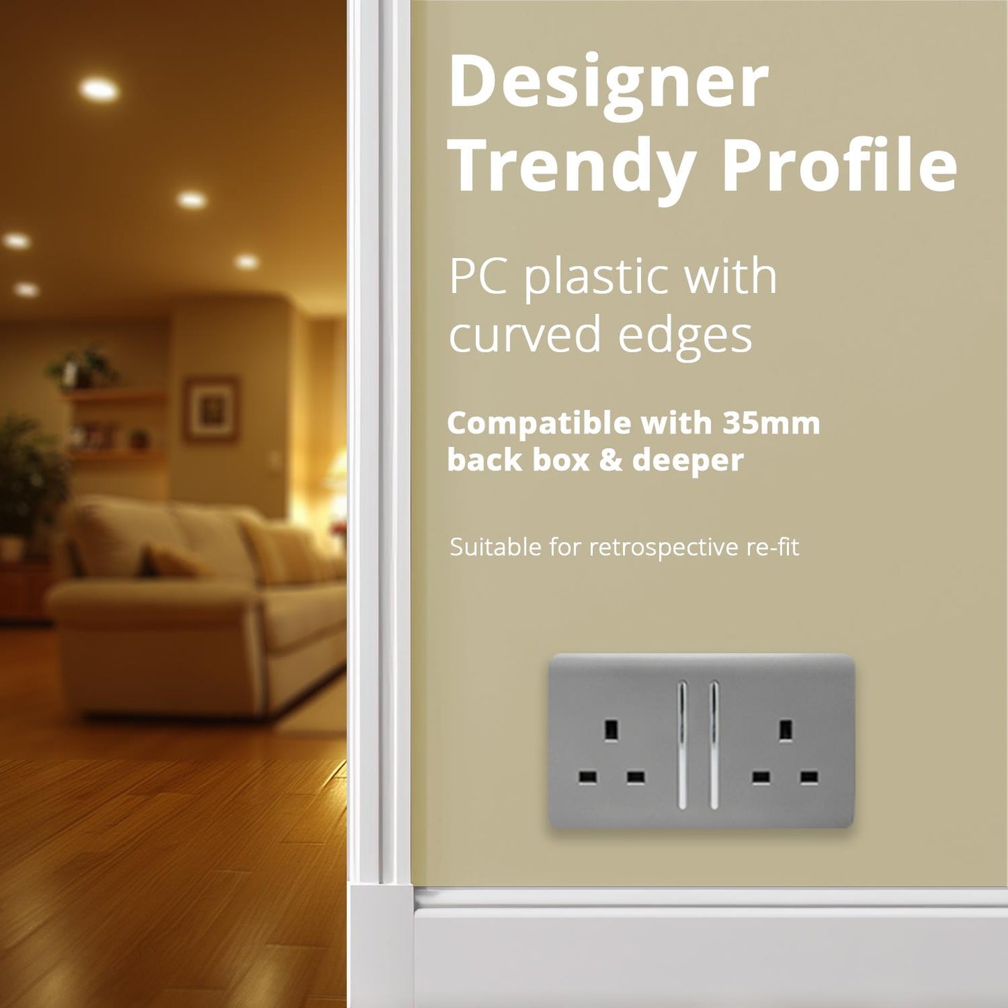 Trendi 2 Gang Artistic Modern Glossy 13 Amp Switched Plug Socket Cool Grey (7 Pack)