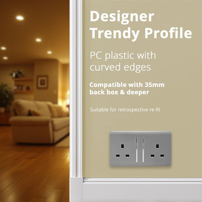 Trendi 2 Gang Artistic Modern Glossy 13 Amp Switched Plug Socket Cool Grey (7 Pack)
