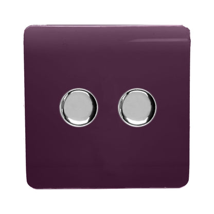 Trendi 2 Gang 2 Way 240V 100w LED Dimmer Screwless Raised Front Plate Plastic Artistic Modern Glossy 10 Amp Chrome Single Electrical Wall Light Switch in Plum - ART-2LDMPL
