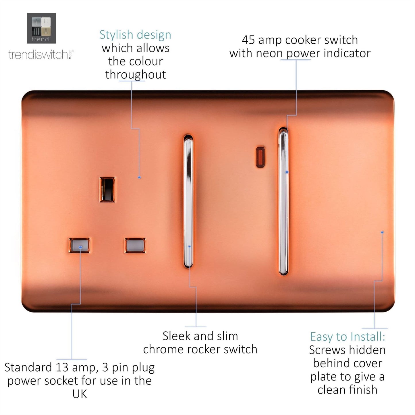 Trendi Artistic Modern Glossy 45 A Cooker Switch & Plug Socket Inc Neon Insert Copper