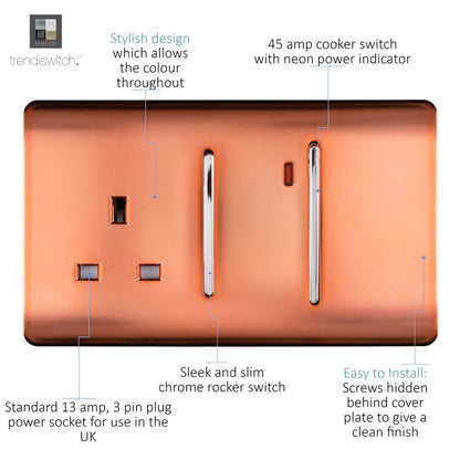 Trendi Artistic Modern Glossy 45 A Cooker Switch & Plug Socket Inc Neon Insert Copper