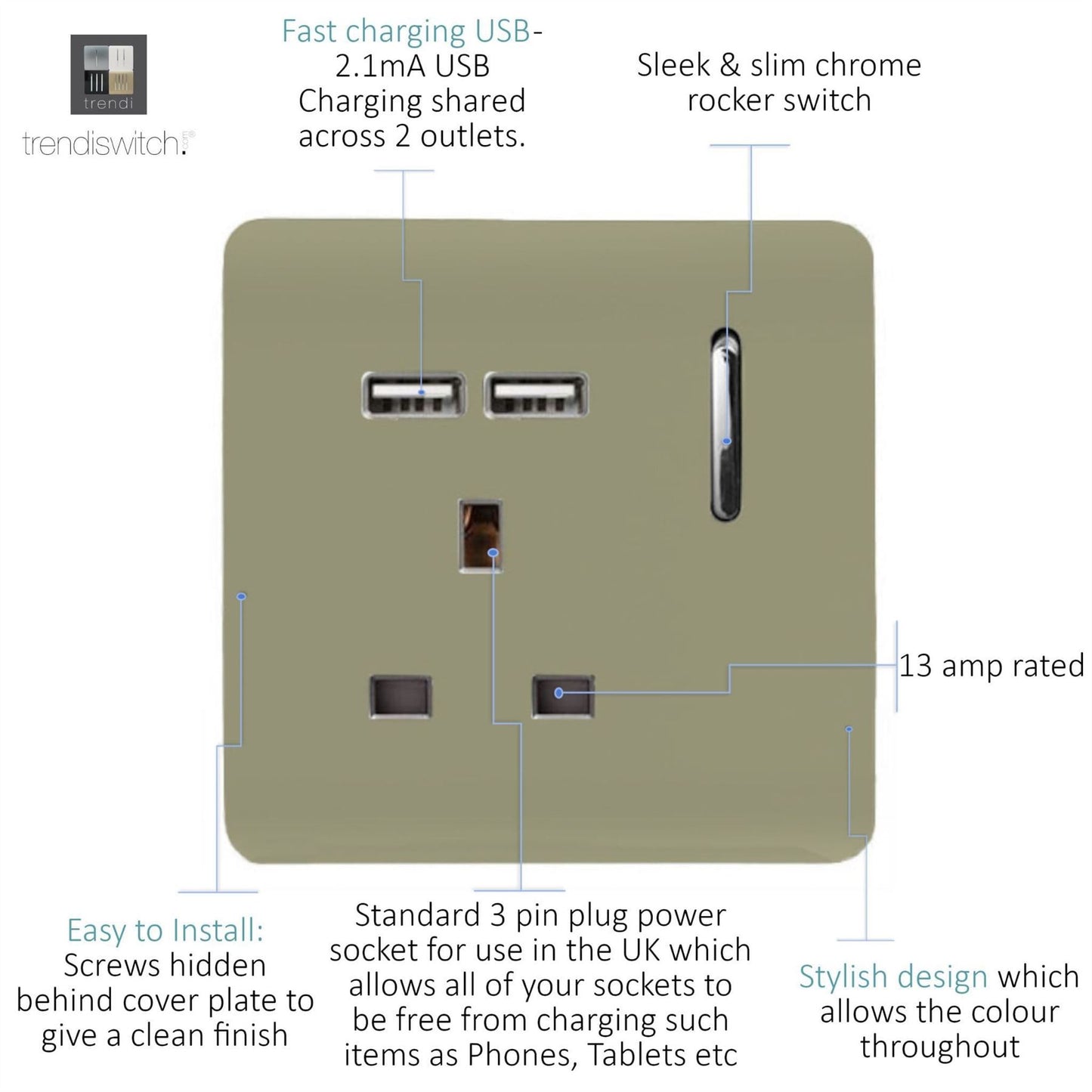 Trendi 1 Gang Artistic Modern Glossy 13 Amp 2 x 2.1mA USB Switched Tactile Plug Socket Gold