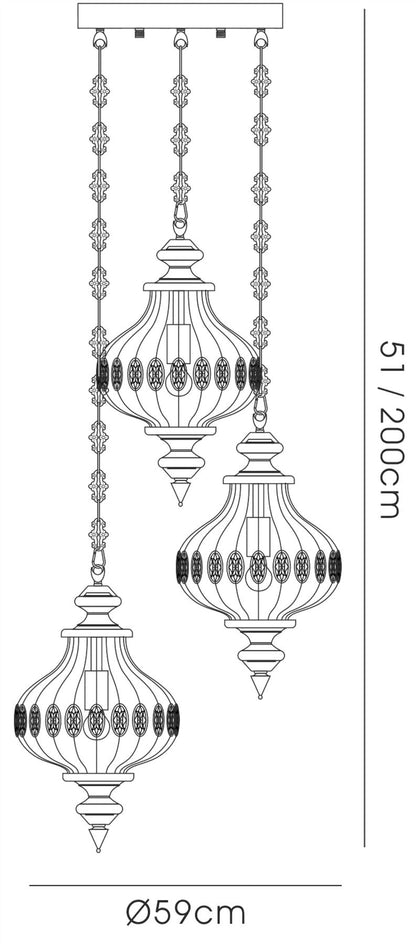 Diyas Marisa Triple  Round 3 Light E27 Antique Brass/Amber Crystal Ceiling Pendant Light Fitting