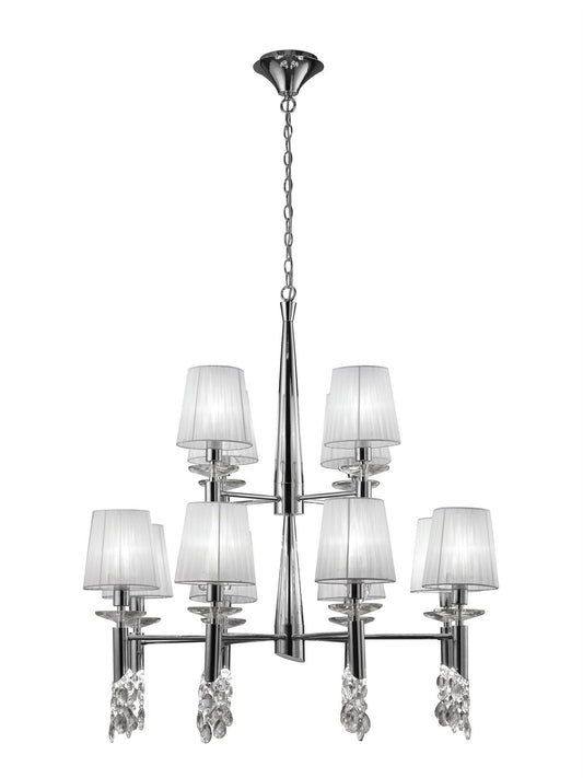 Mantra M3850 Tiffany Pendant 2 Tier 12+12 Light E14+G9, Polished Chrome with White Shades & Clear Crystal