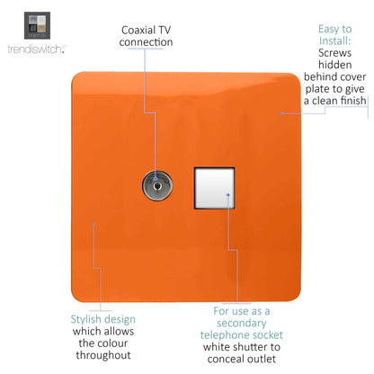 Trendi Artistic Modern Glossy Tactile TV Co-axial Socket + Telephone Socket Orange