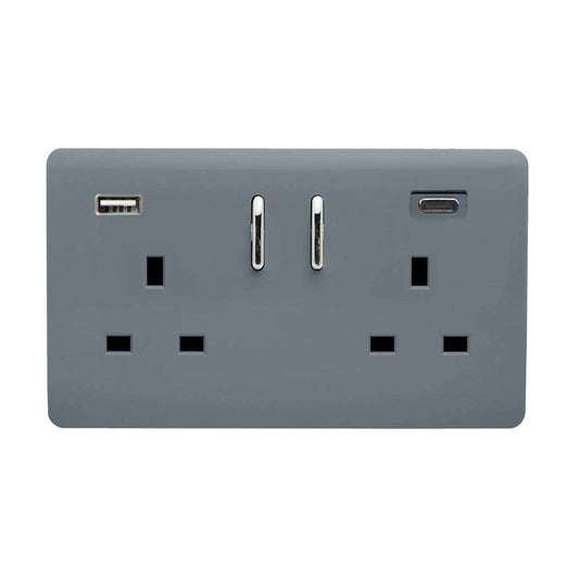 Trendi 2 Gang Artistic Modern Glossy 13 Amp 2 x Type A & C 3100mA USB Switched Plug Socket Warm Grey