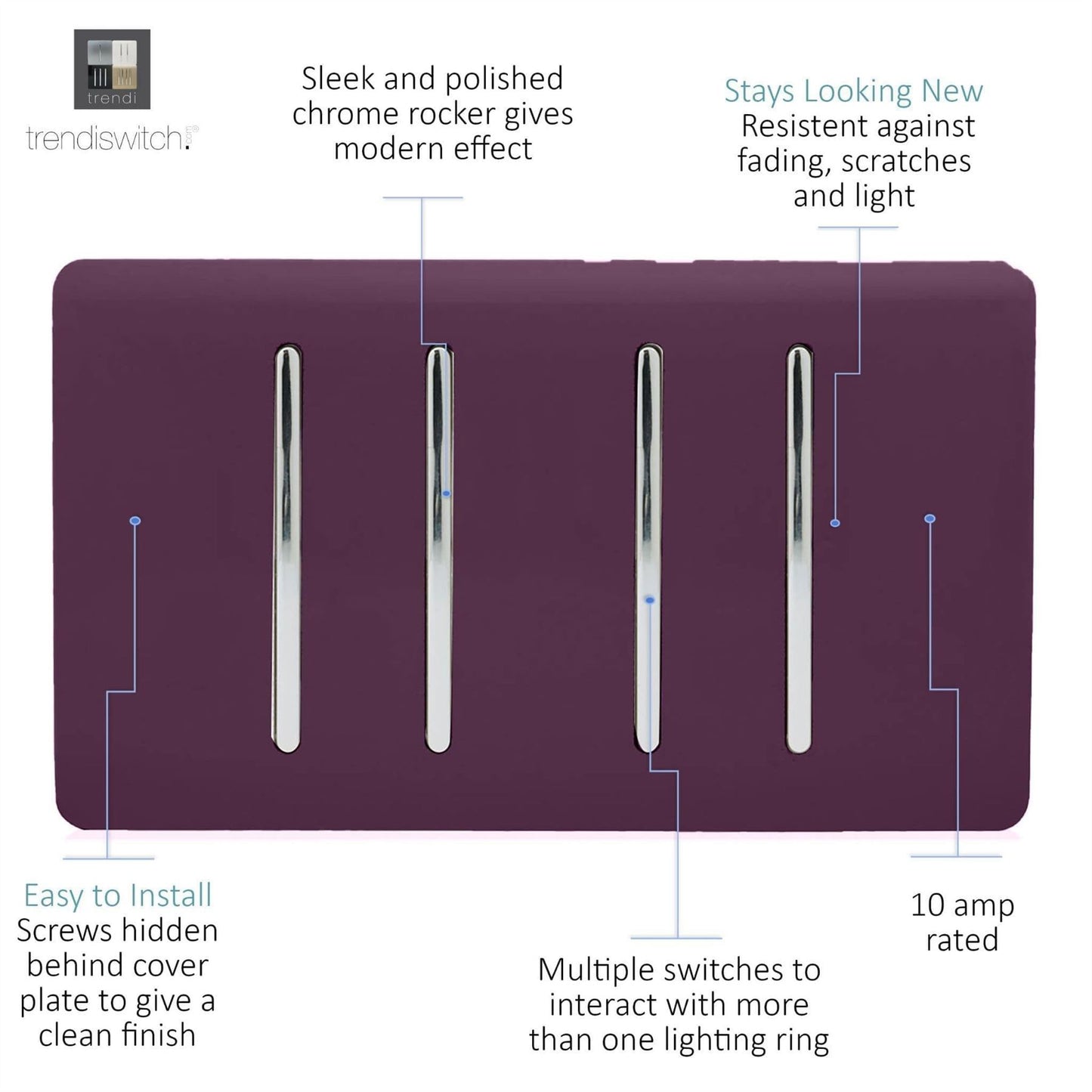 Trendi 4 Gang 3 Way Intermediate Artistic Modern Glossy 10 Amp Rocker Light Switch Plum