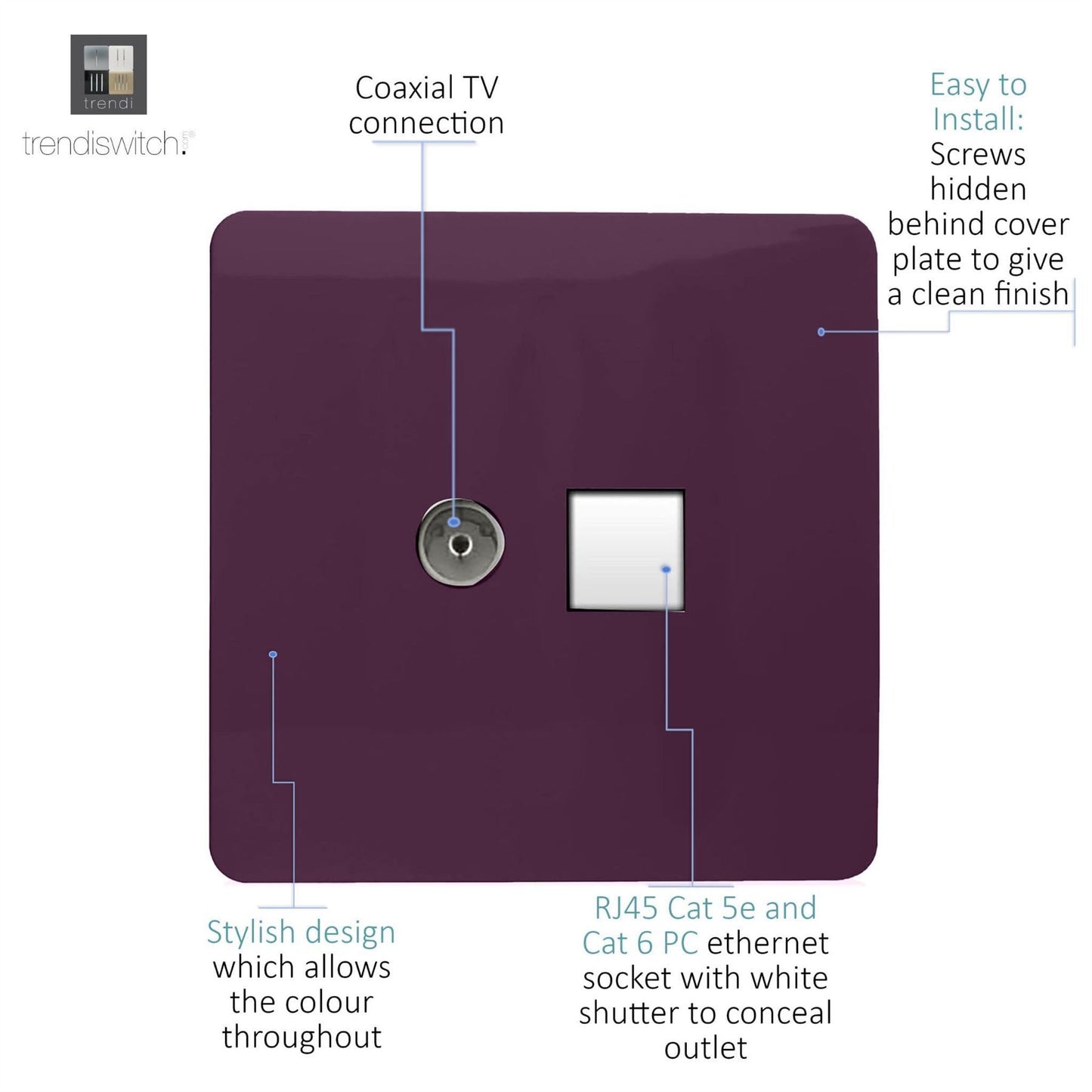 Trendi Modern Glossy Tactile TV Co-axial Socket+RJ45 Cat 5e&Cat 6 PC Ethernet Socket Plum