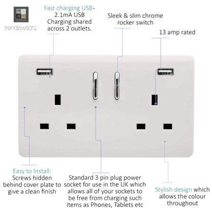 Trendi 2 Gang 13 Amp 2 x 3.1mA Type A USB Switched Plug Socket Carbon Fibre - ART-SKT213USB31AACF