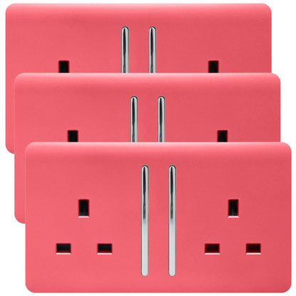 Trendi 2 Gang Artistic Modern Glossy 13 Amp Switched  Plug Socket Strawberry (3 Pack)