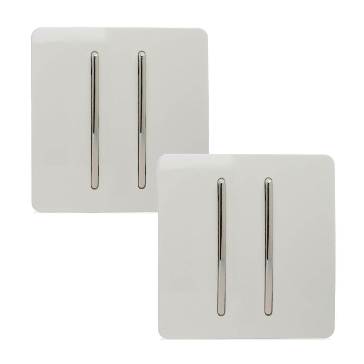 Trendi 2 Gang 2 Way 240V Screwless Artistic Modern Glossy 10 Amp Chrome Rocker Electrical Wall Light Switch in Ice White (2 pack)