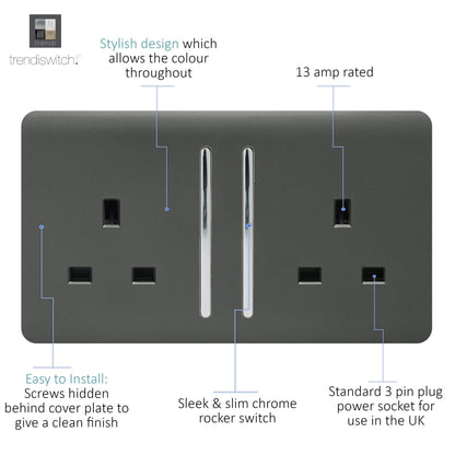 Trendi 2 Gang Artistic Modern Glossy 13 Amp Switched Tactile Plug Socket Charcoal (3 Pack)
