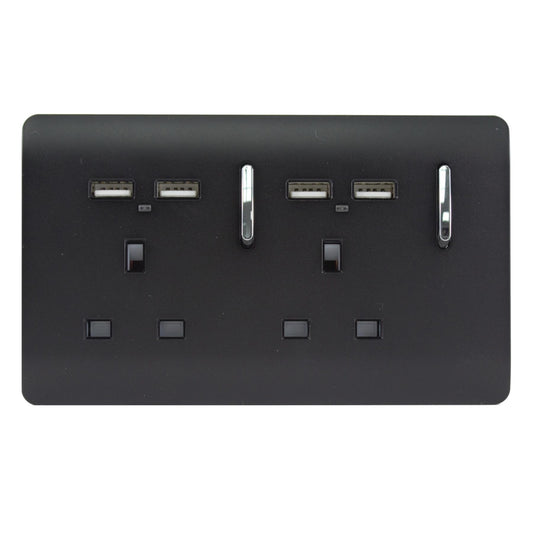 Trendi 2 Gang 13 Amp 4 x 2.1mA USB Switched Plug Socket Matt Black