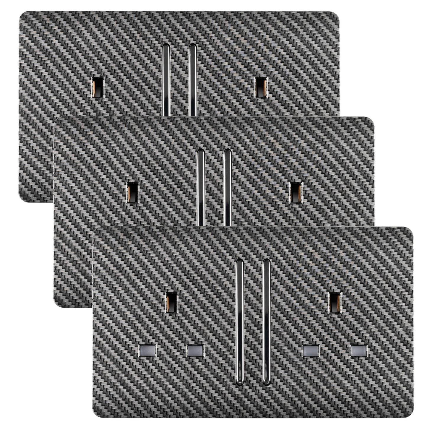 Trendi 2 Gang Artistic Modern Glossy 13 Amp Long Switched Tactile Plug Socket Carbon Fibre (3 Pack)