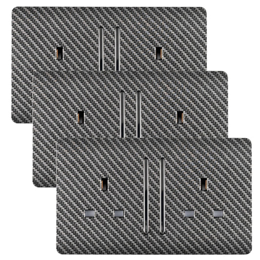 Trendi 2 Gang Artistic Modern Glossy 13 Amp Long Switched Tactile Plug Socket Carbon Fibre (3 Pack)