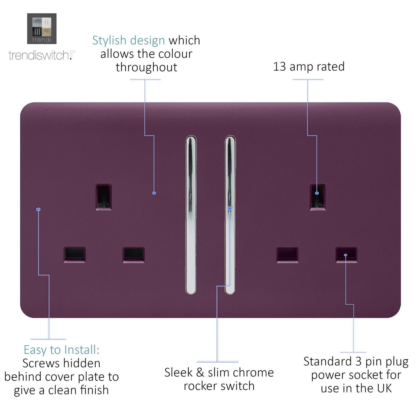 Trendi 2 Gang Artistic Modern Glossy 13 Amp Switched  Plug Socket Plum (3 Pack)