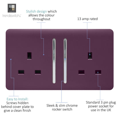 Trendi 2 Gang Artistic Modern Glossy 13 Amp Switched  Plug Socket Plum (3 Pack)