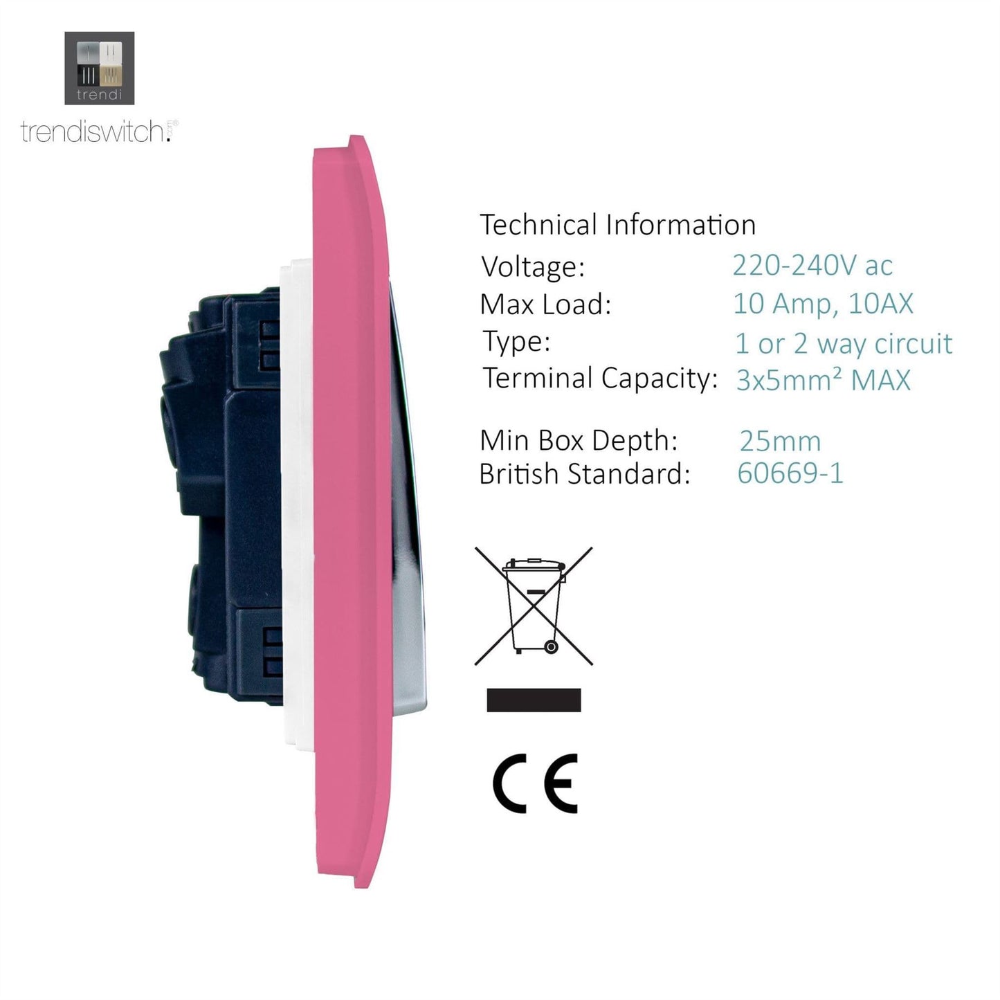 Trendi Artistic Modern Glossy 4 Gang 2 Way  Rocker Double Plate Tactile Light Switch Pink