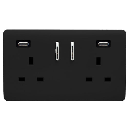 Piano Black Screwless 2 Gang Switched Double Socket 13A With 2 x USB-C 24W (Shared), (35mm Back Box Req.), 10yrs Warranty
