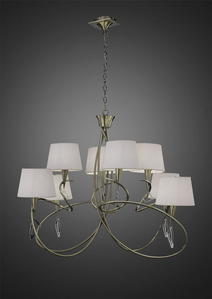 Mantra Mara 100cm Pendant 2 Tier 8 Light E14, Antique Brass with Ivory White Shades