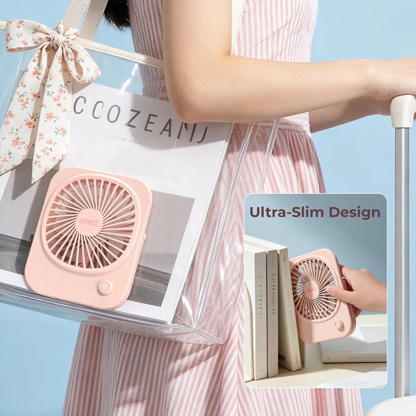 OOZZ Ultra-Slim Portable Desk Fan, Compact Personal Cooling Fan, Stepless Speed Control, USB-C Rechargeable Battery, Quiet Operation for Home & Office, OZ-4122 (Pink)