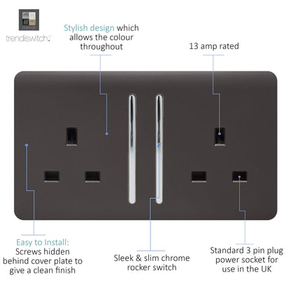 Trendi 2 Gang Artistic Modern Glossy 13 Amp Switched Plug Socket Dark Brown (7 Pack)
