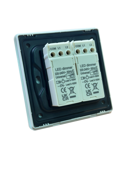 Trendi 2 Gang 2 Way 240V 100w LED Dimmer Screwless Raised Front Plate Plastic Artistic Modern Glossy 10 Amp Chrome Single Electrical Wall Light Switch in Cool Grey - ART-2LDMCG